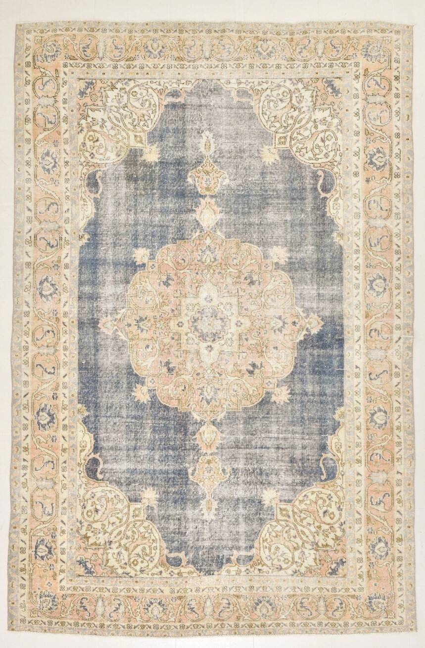 7x11 Soft Beige & Blue Wool Vintage Rug For Living Room, 210x324 Cm