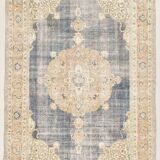 7x11 Soft Beige & Blue Wool Vintage Rug For Living Room, 210x324 Cm