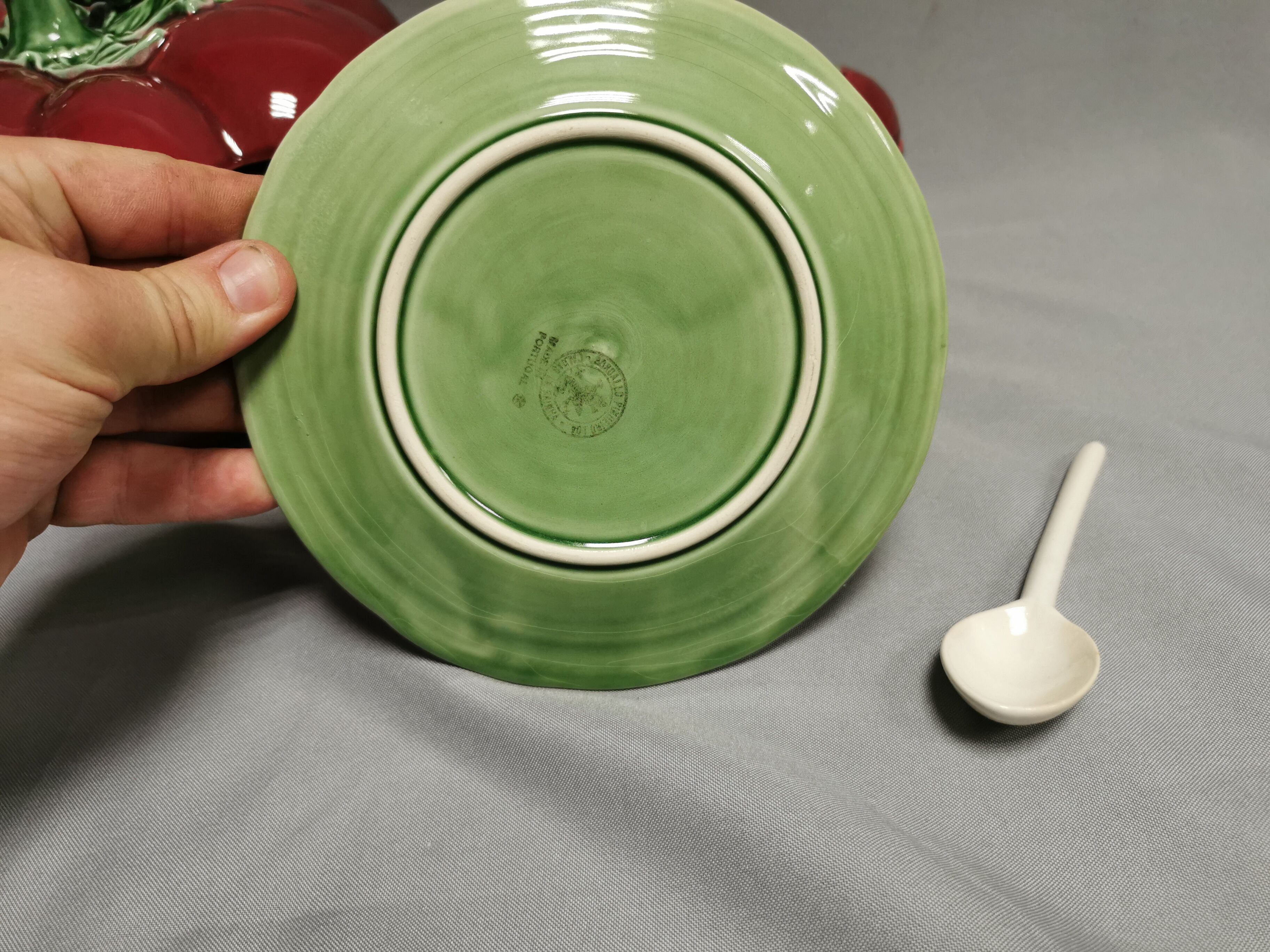 Vintage soup tureen + Trompe l'oeil sauce boat, majolica tomato shape