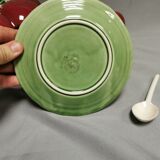 Vintage soup tureen + Trompe l'oeil sauce boat, majolica tomato shape