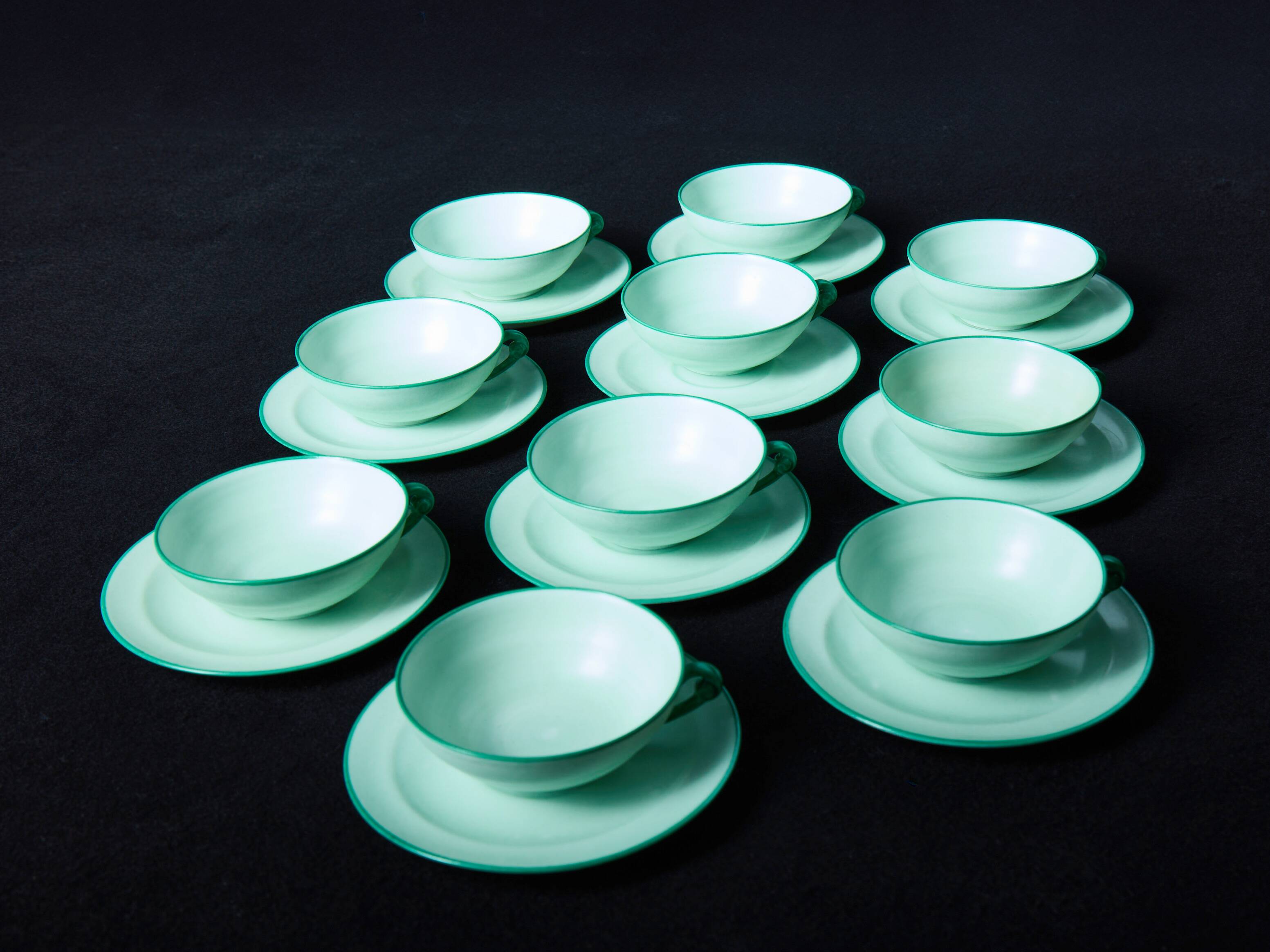 Set of 7 vintage green coffee cups with 12 saucers
