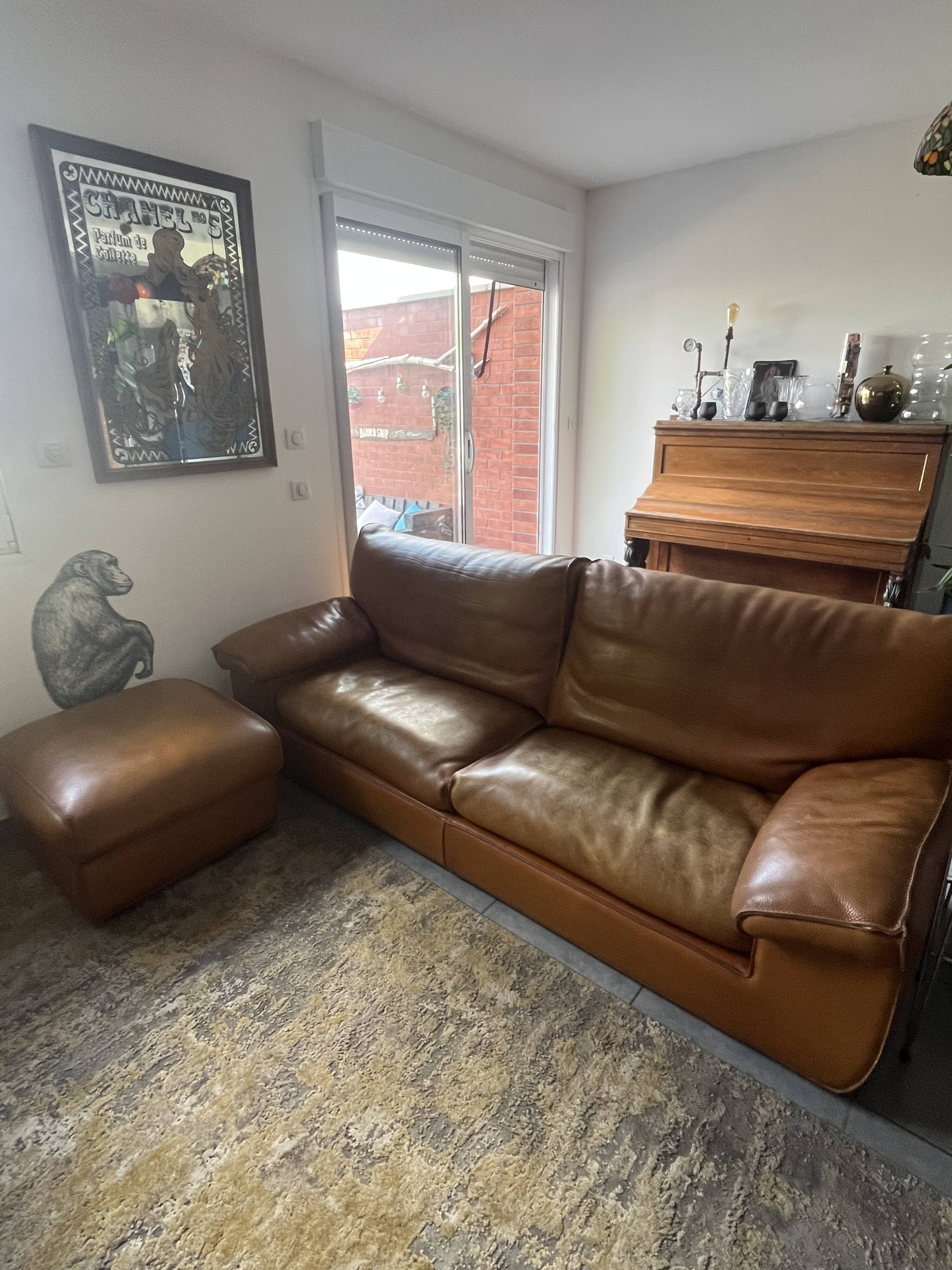 Salon cuir vintage Roche Bobois - Canapé + 2 fauteuils + pouf