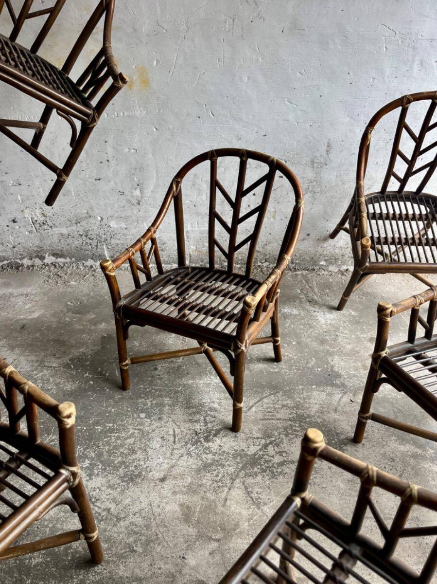 Rare McGuire 1970s dark brown rattan armchairs — set of 6, bamboo bindings, mid-century boho