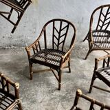 Rare McGuire 1970s dark brown rattan armchairs — set of 6, bamboo bindings, mid-century boho
