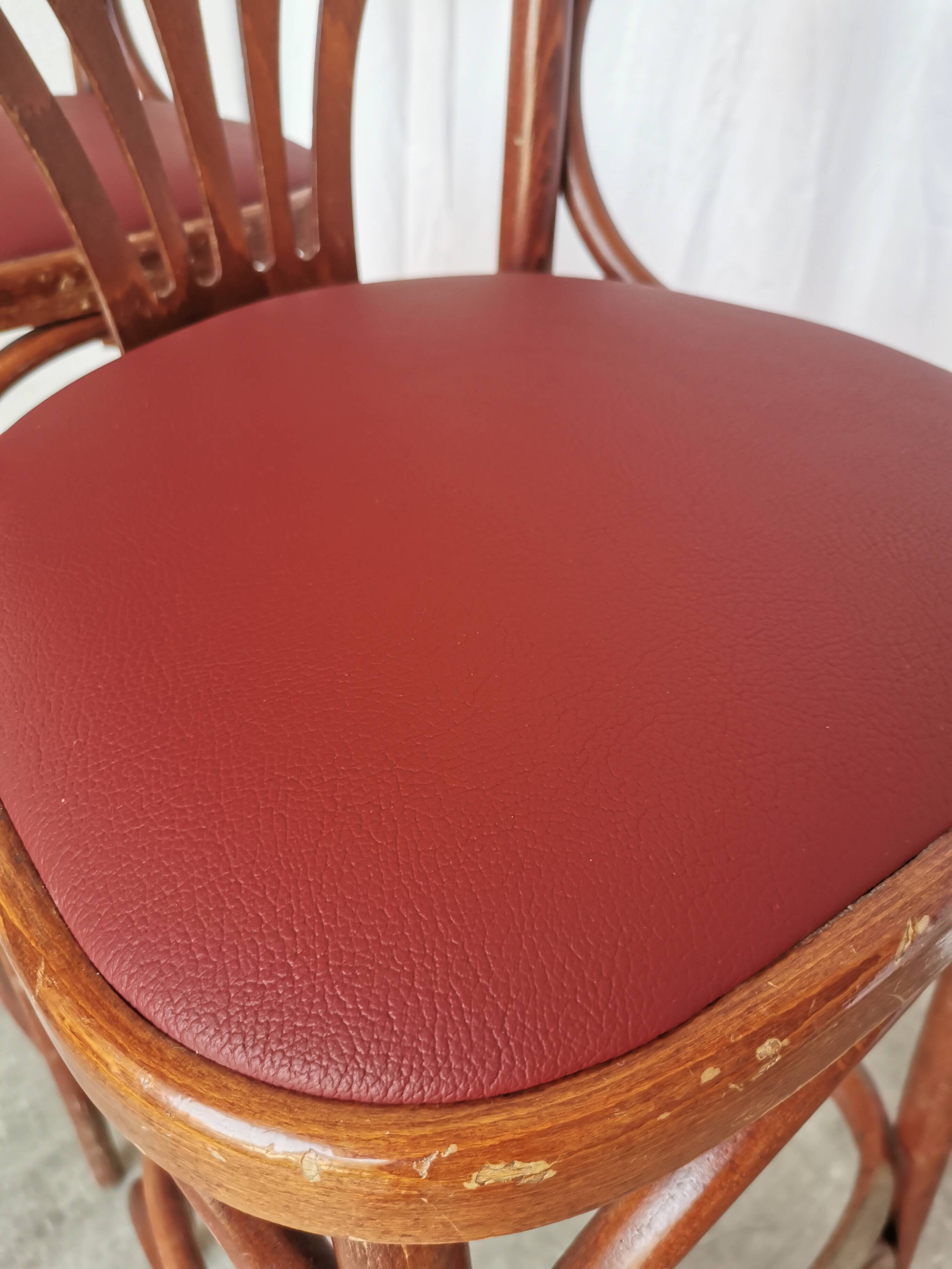 Set of 2 Vintage Bar Chairs: Red Leather Seat, High Pub Stools