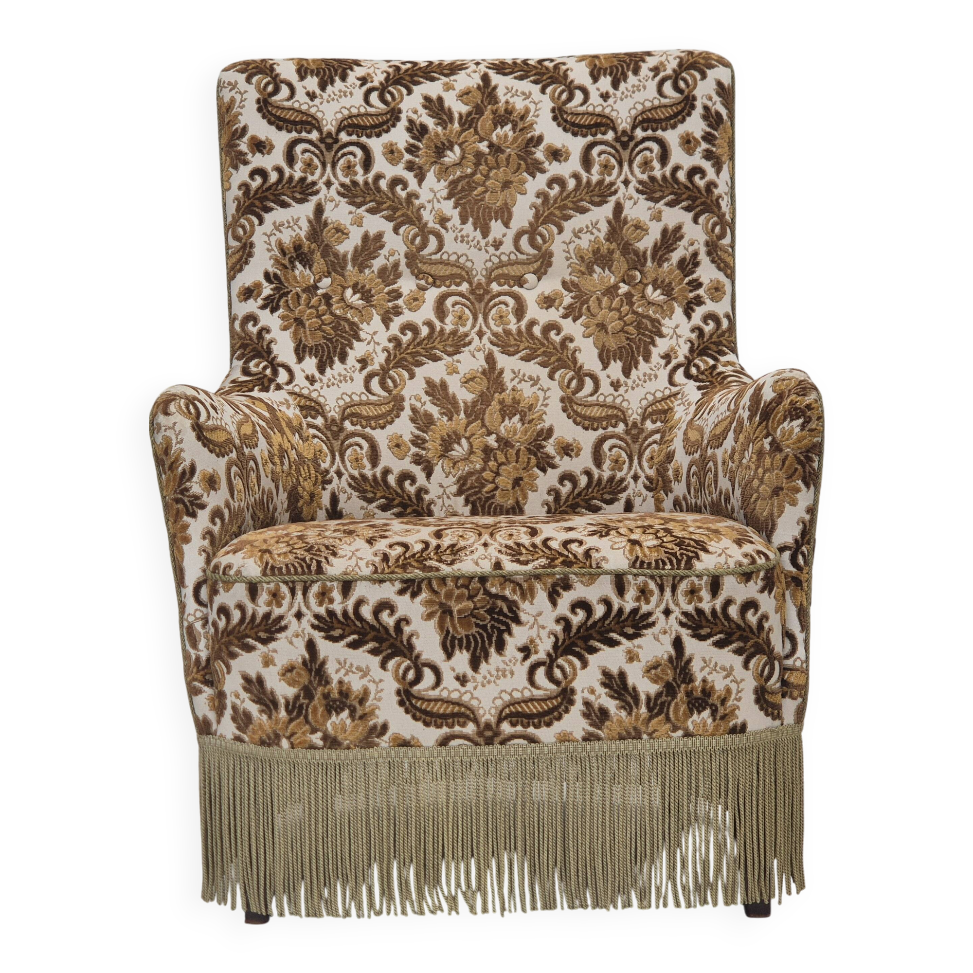 1960s, Danish highback armchair, furniture velour fabric, ash wood.