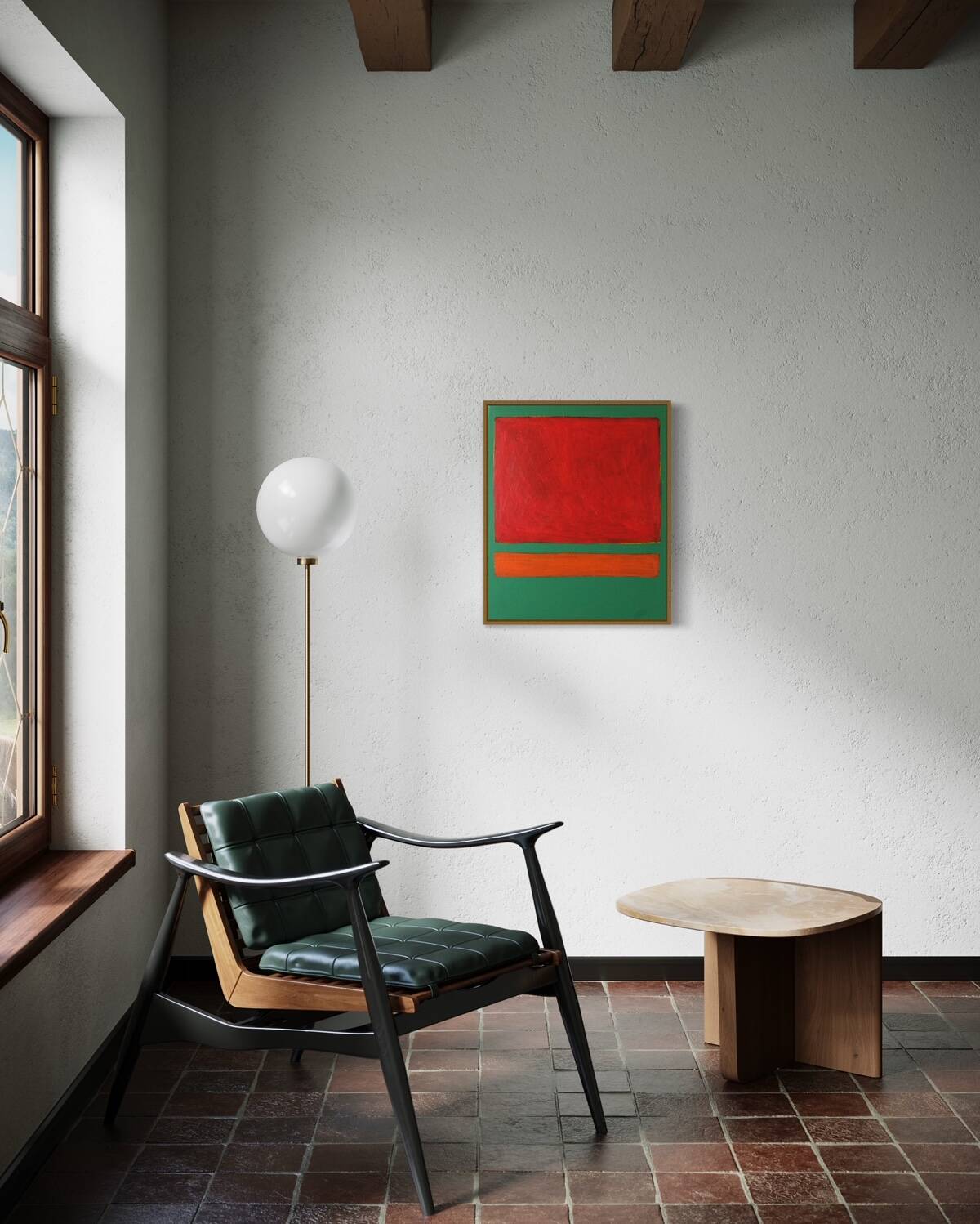Red on green unique acrylic painting