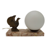 Lampe de table Art déco française, motif oiseau, base en marbre, globe en verre blanc 4477