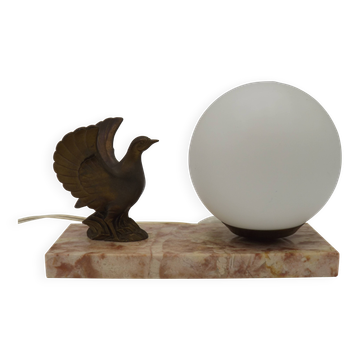 French Art Deco table lamp, bird motif, marble base, white glass globe 4477