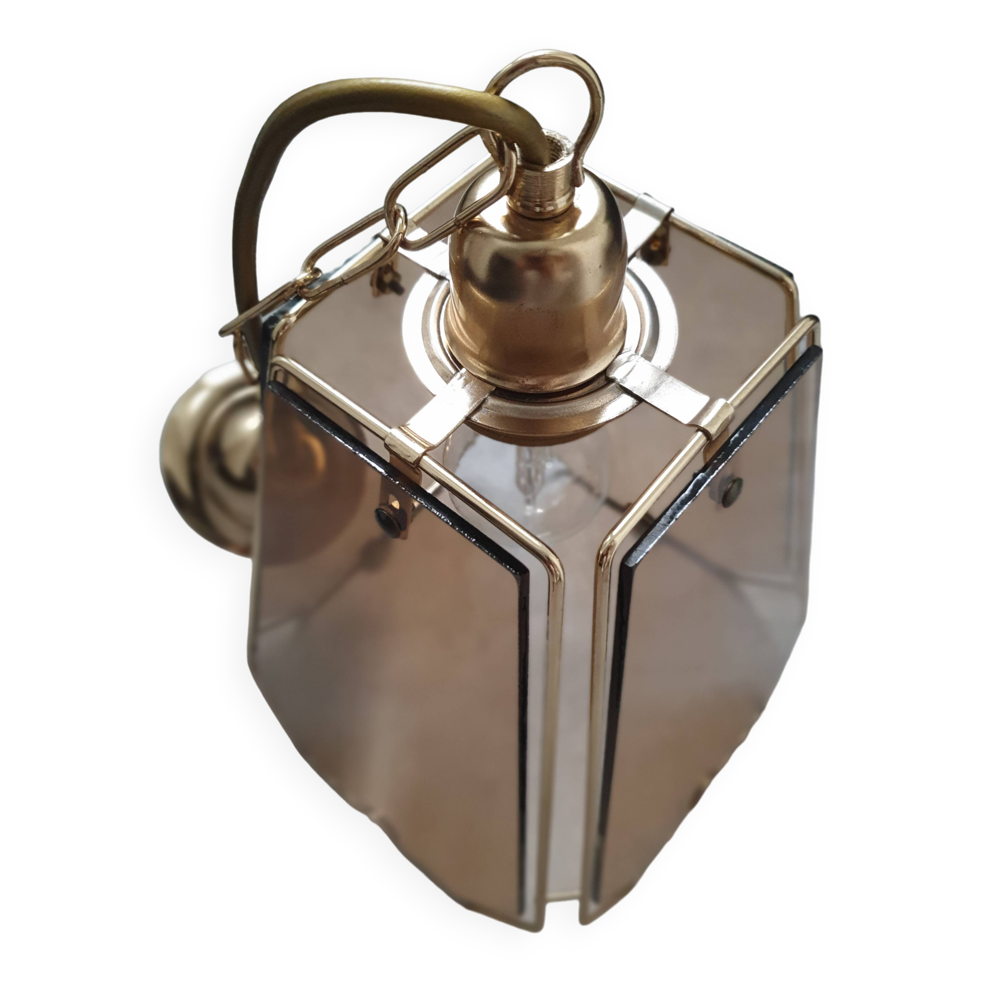 Vintage 70s chandelier in smoked glass and brass