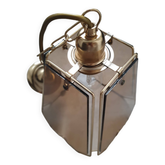 Vintage 70s chandelier in smoked glass and brass