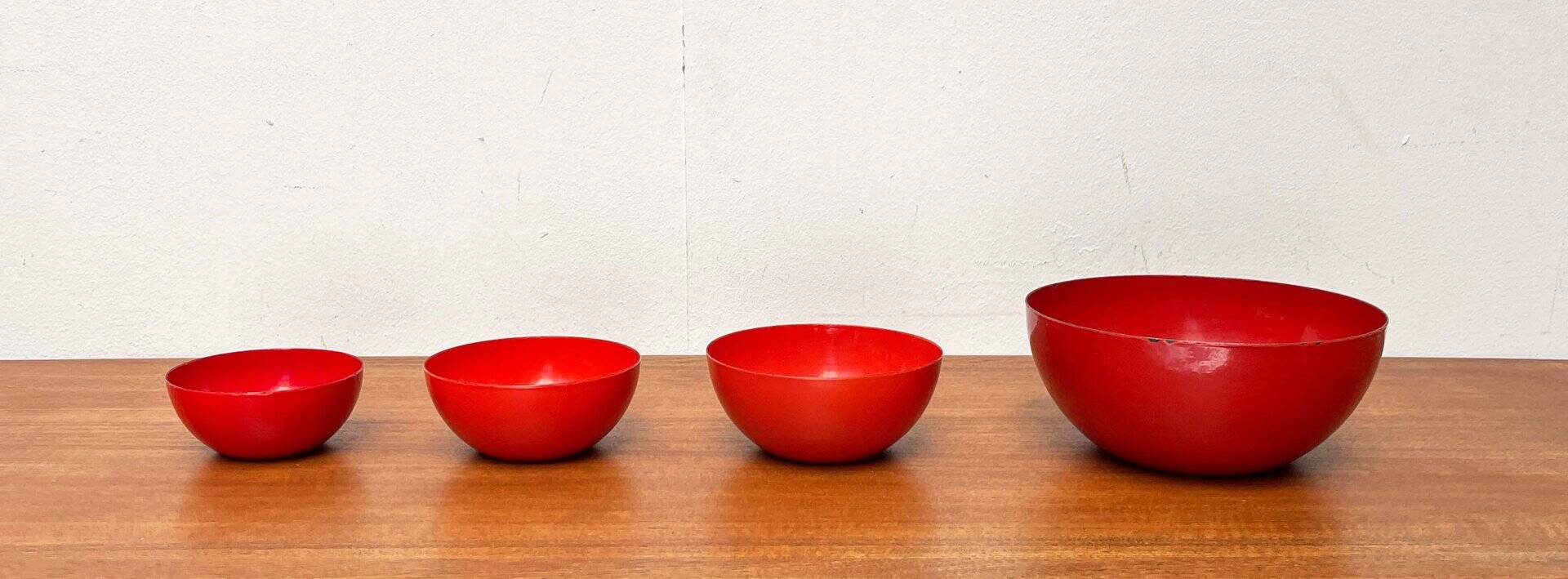 Modern mid-century red enamel bowl sets by Kaj Franck for Finel, Finland, 1960s, set of 4.