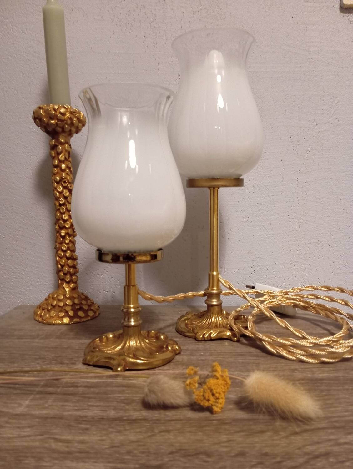 Duo art deco bedside lamps bronze and white glass tulip