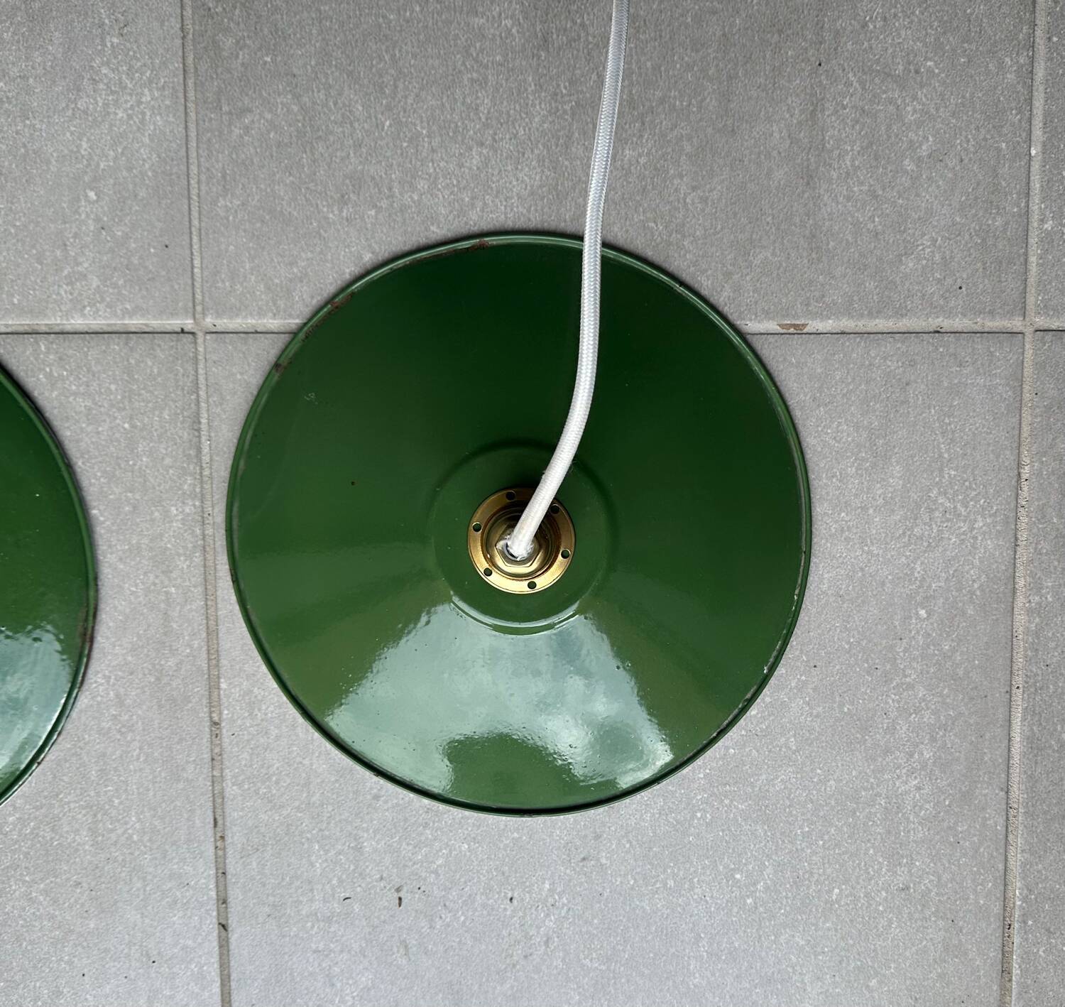 Pair of vintage lampshades, old enamelled sheet metal lampshades