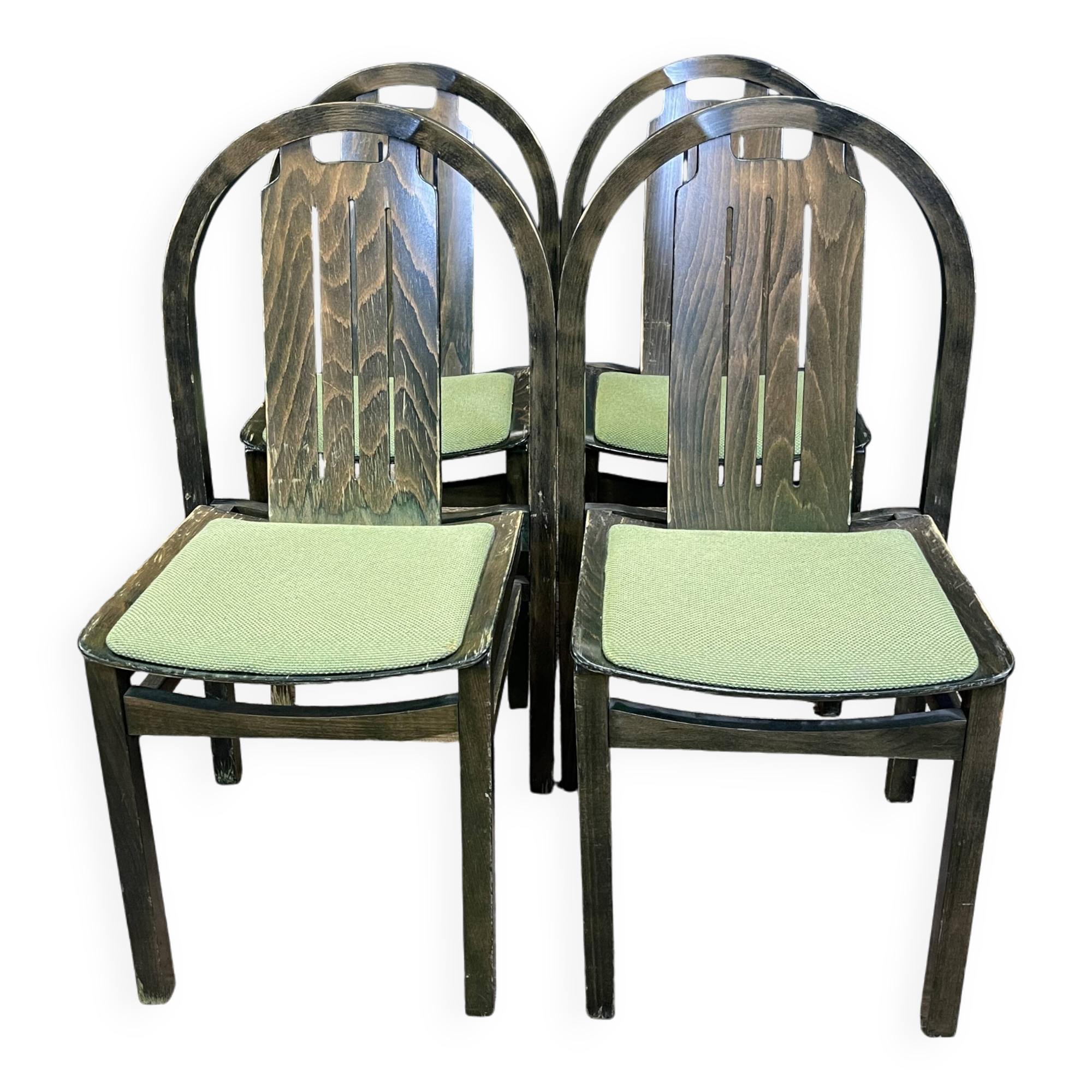 Set of 4 Baumann Argos bistro chairs in wood and green fabric from the 80s France
