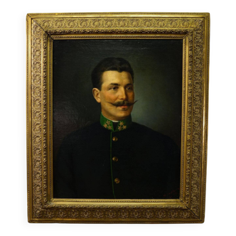Old oil painting, portrait of a folkloric Austrian man, Vienna 1892.