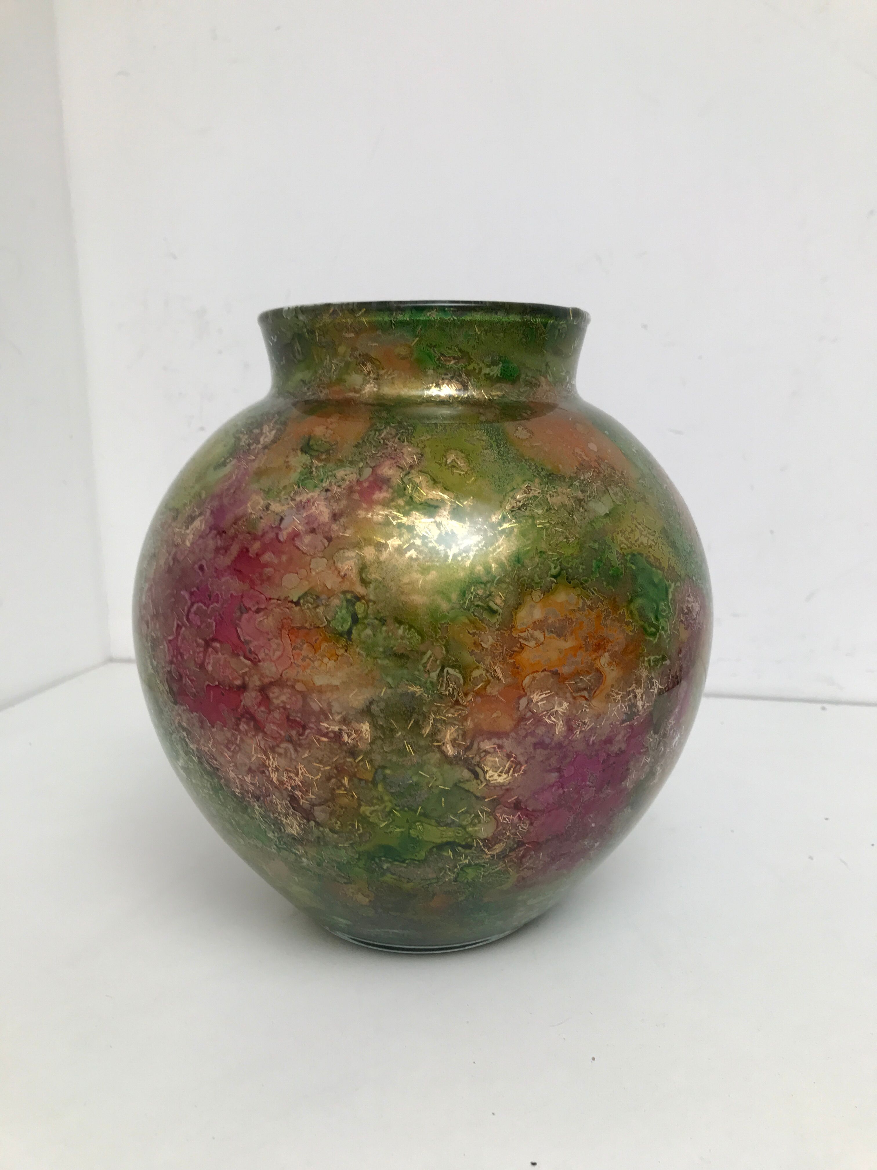 Linear lacquered glass vase 1970-1980 with internal decoration of gold oxides unique handmade piece