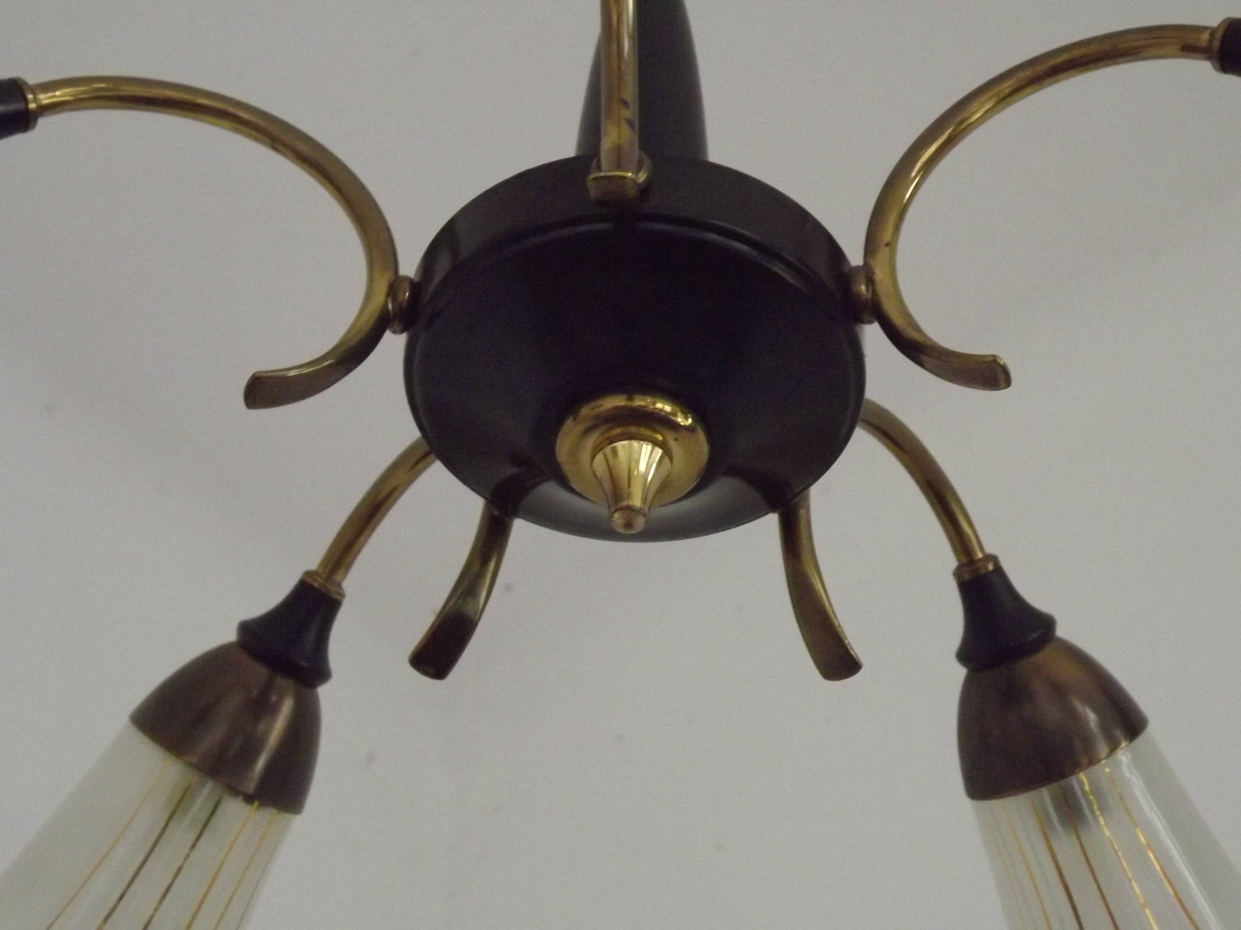 French Vintage Retro Mid Century Black & Gold 5 Arm Chandelier with Glass Shades 5080