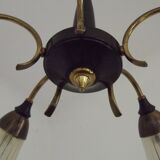 French Vintage Retro Mid Century Black & Gold 5 Arm Chandelier with Glass Shades 5080