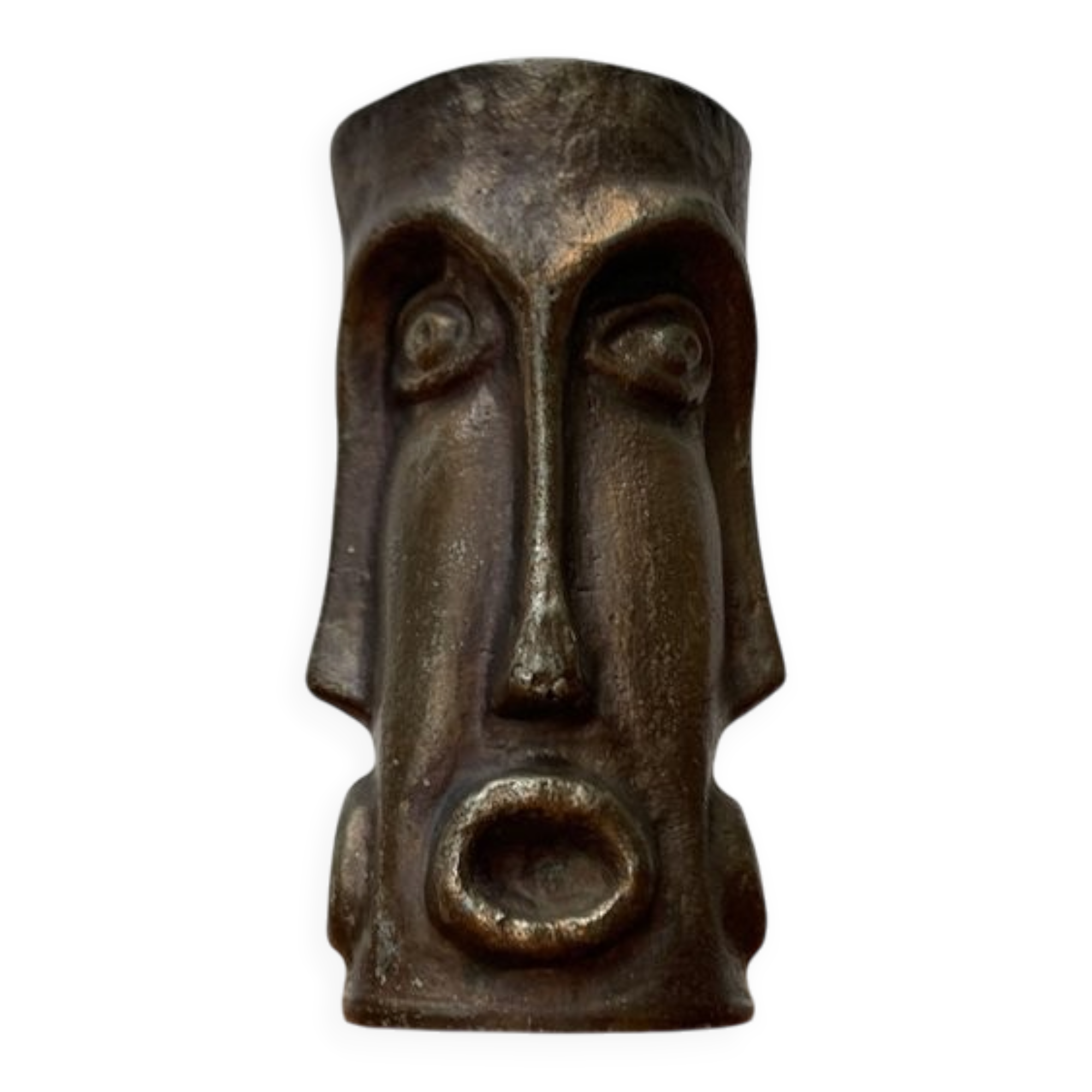 Abstract vase with a brutalist bronze face from the mid-century.