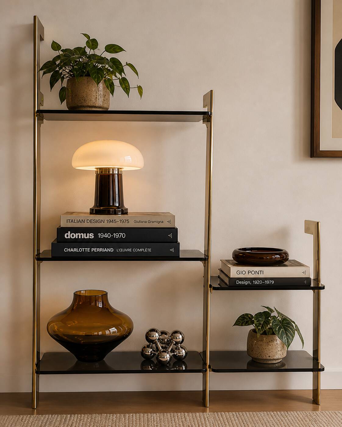 Brushed gold aluminium shelf and smoked glass from the 1970s.