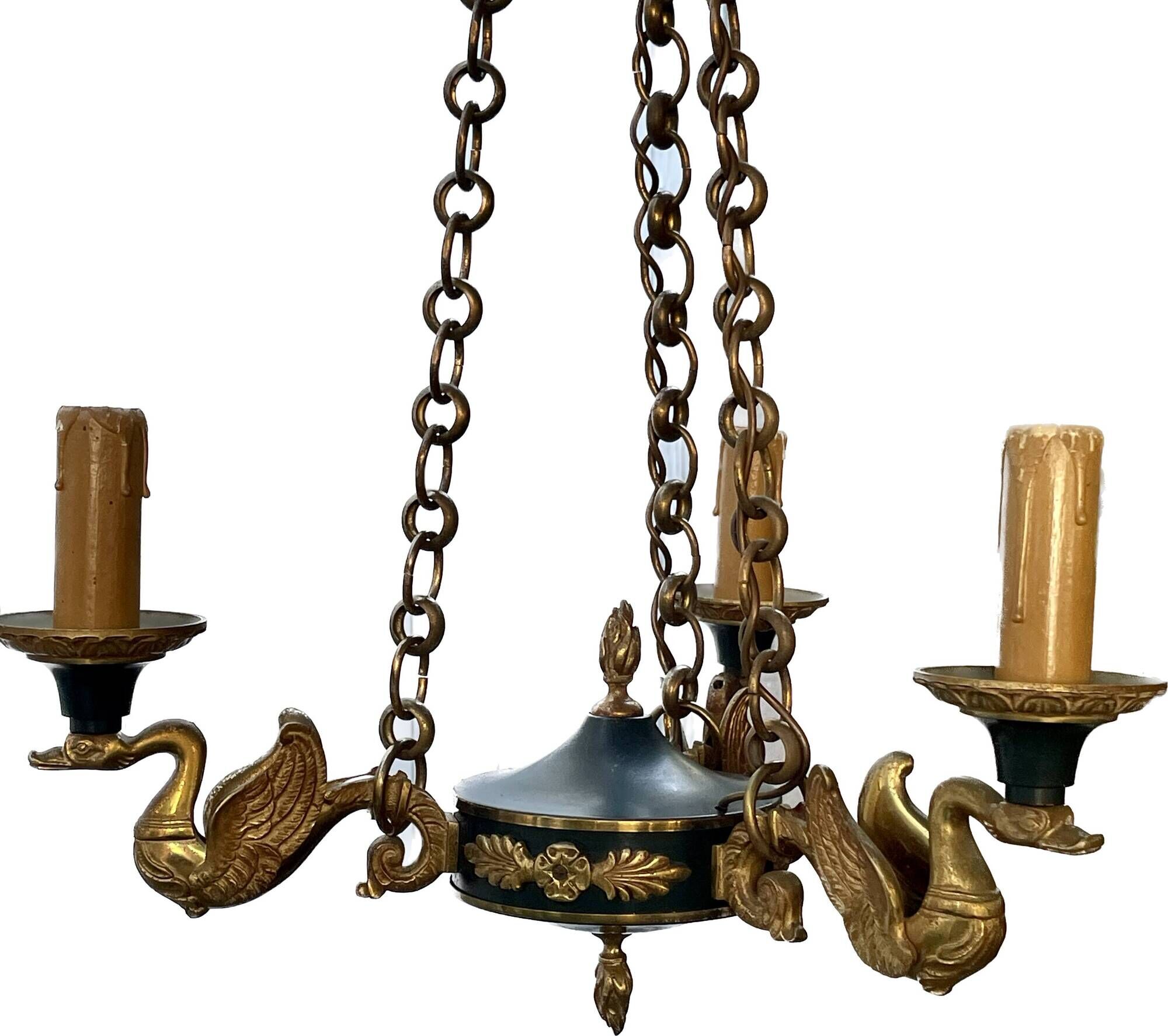 Lucien gau chandelier pendant lamp in bronze with swan decoration.