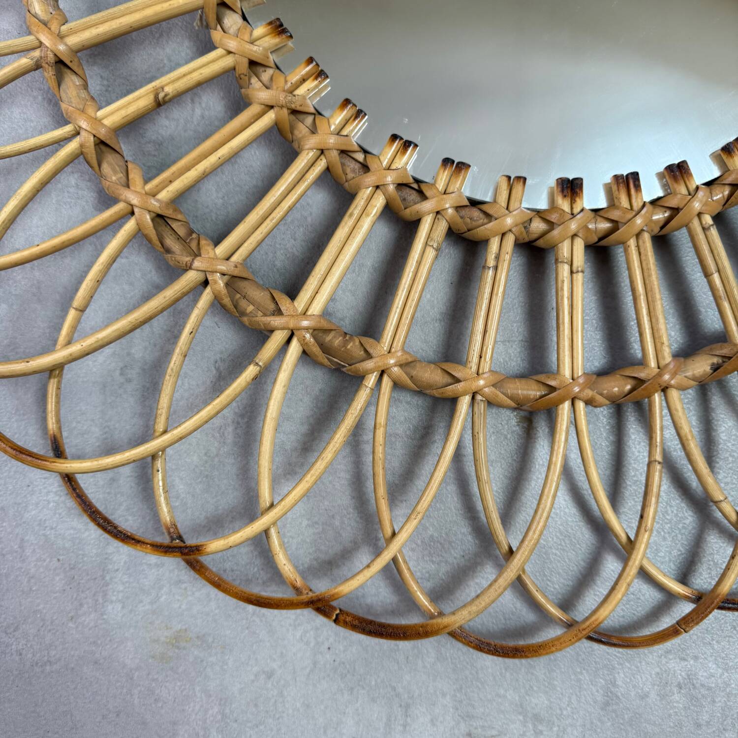 Round Sun Mirror in Rattan from the 1950s Spain Ibiza