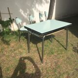 Table and 4 green water formica chairs 60's