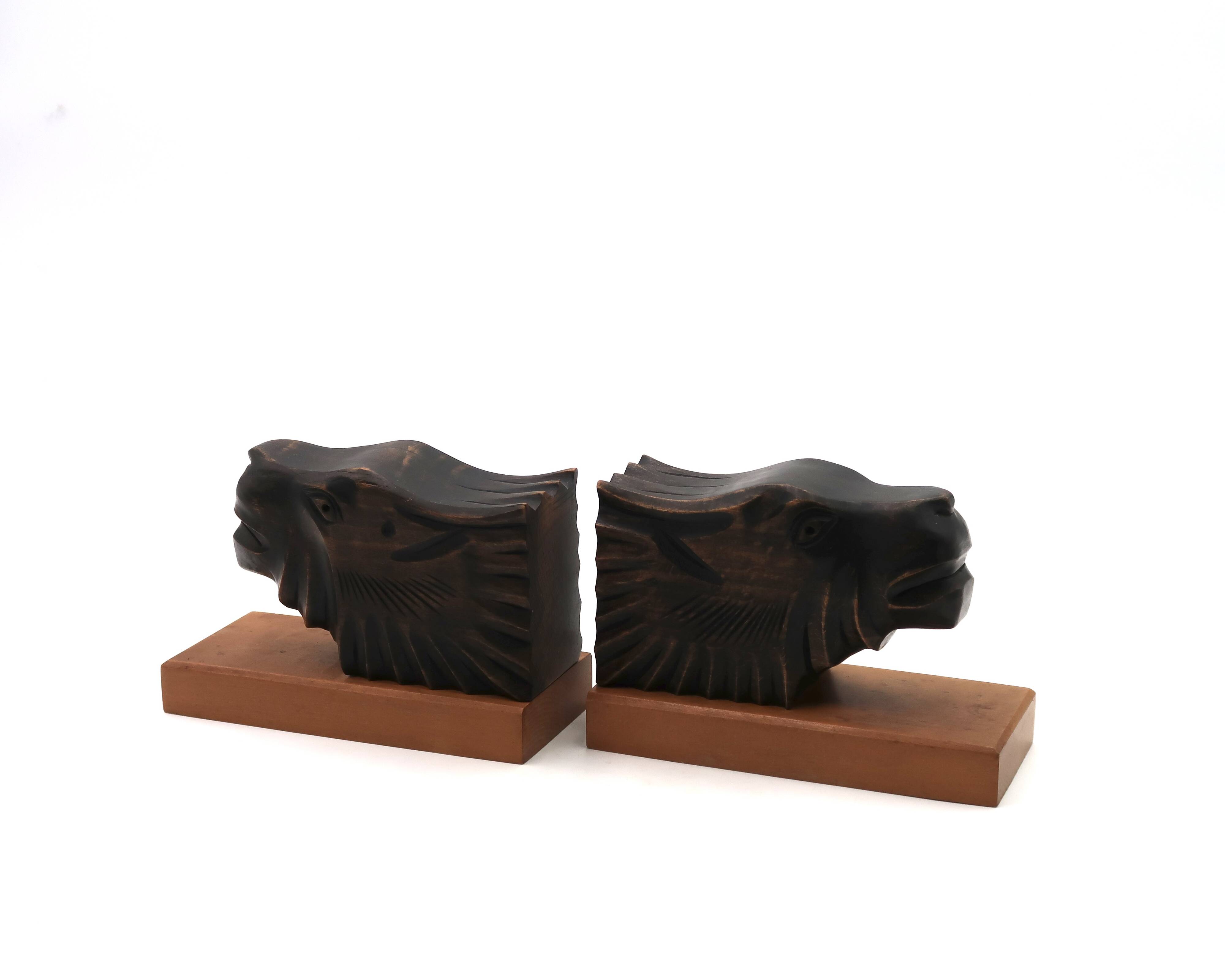 Art Deco wooden bookends with feline heads
