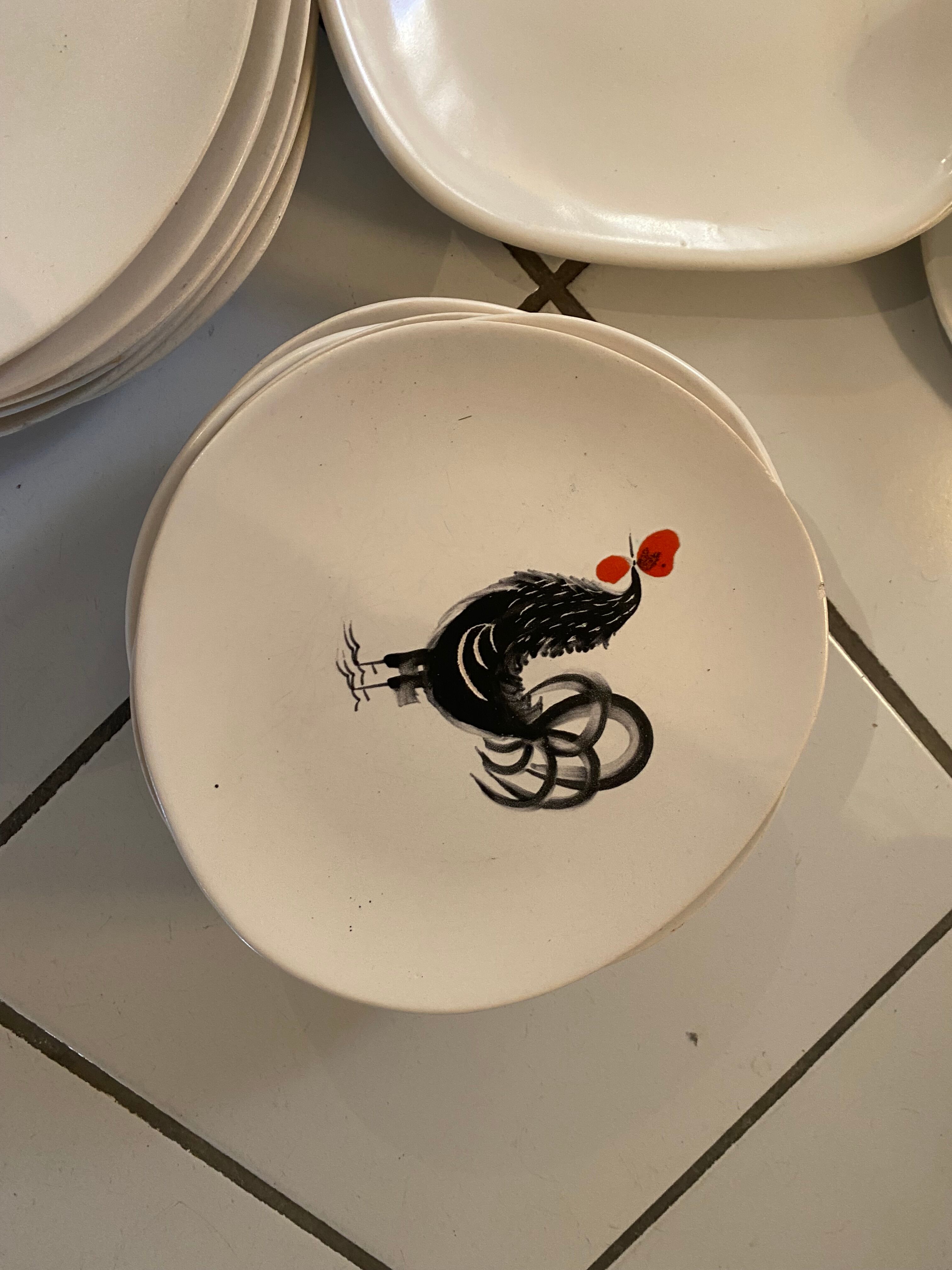 Service coq signed faience pornic 1960s