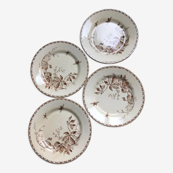 4 Assiettes plates en porcelaine opaque de GIEN, Modèle "Vigne vierge" dans les tons bruns