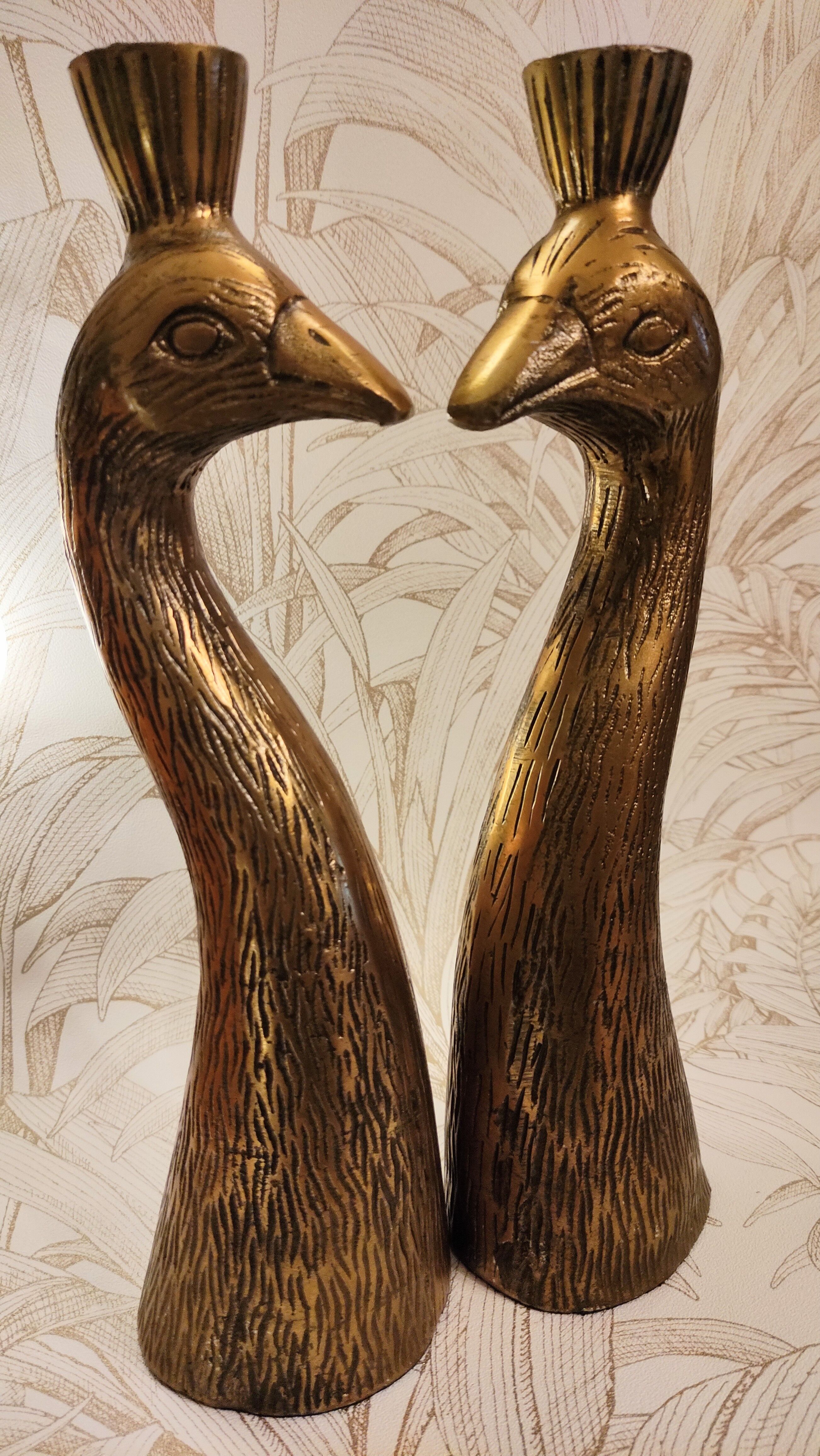Golden candle holder art deco style peacock head