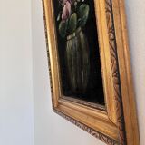 Set vintage original velvet flower oil painting, pair of flower still life art