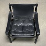 Arne Norell Sirocco Safari Lounge Chair in Black Leather and Stained Ash