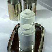 Coffee pot with metal isolated warming hood as a set with milk jug and sugar bowl, Vintage