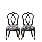Restored pair of cabriolet chairs – Black wood, gold details & fabric