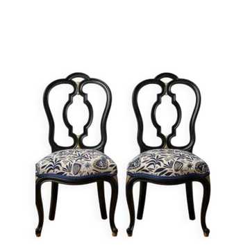 Restored pair of cabriolet chairs – Black wood, gold details & fabric