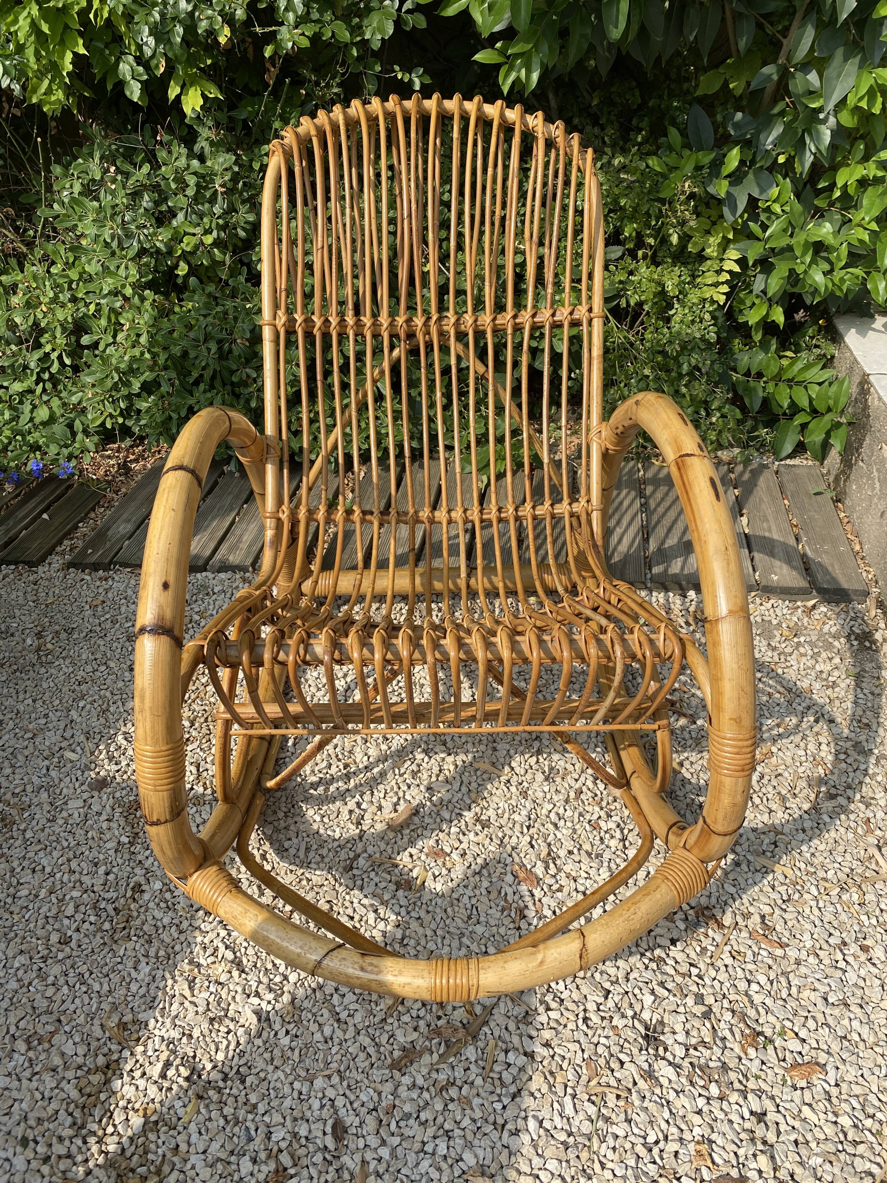 Fauteuil rocking chair en bambou vintage 1970