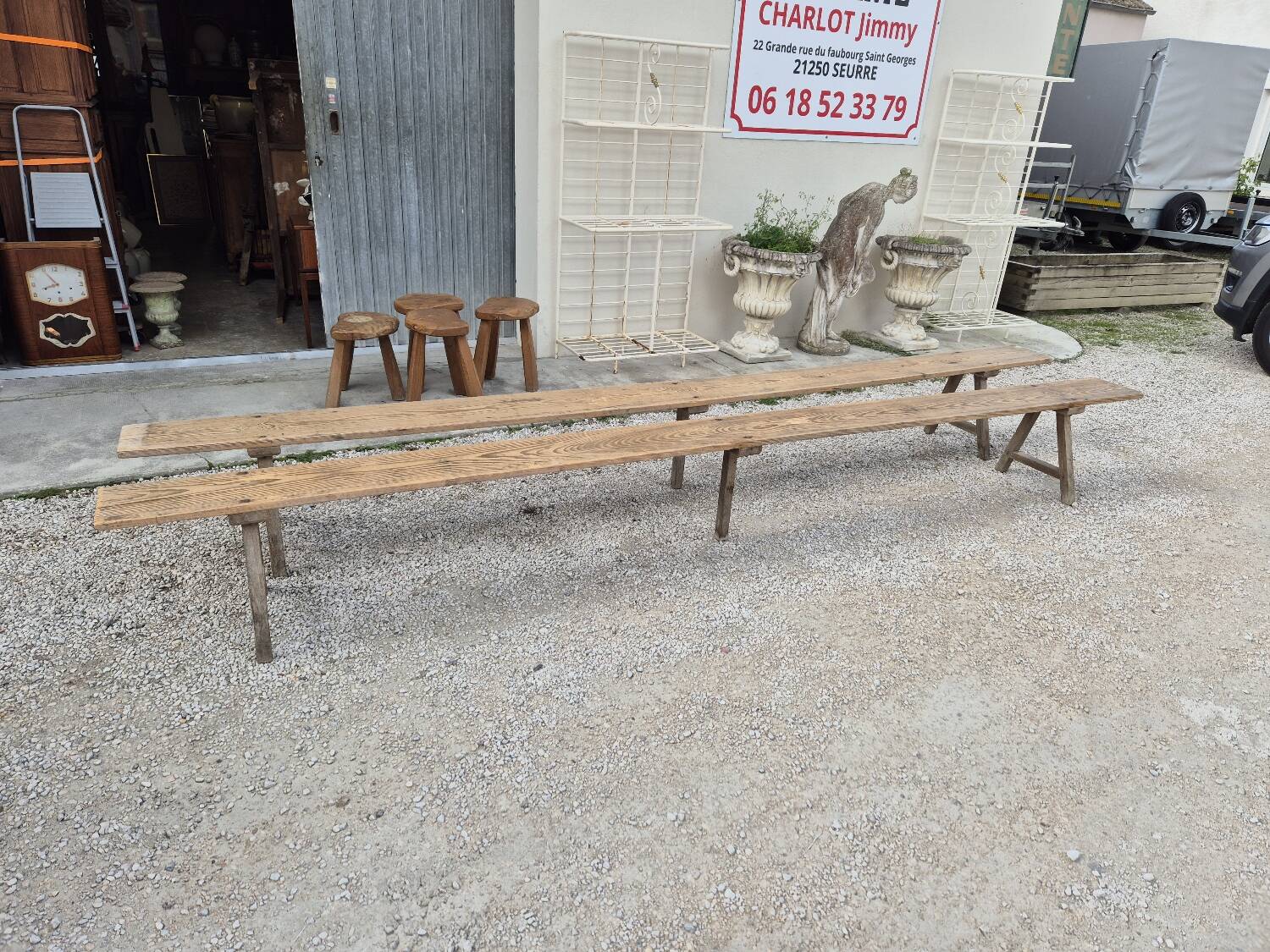 Pair of rustic oak and fir farmhouse benches 1900s - 3m85