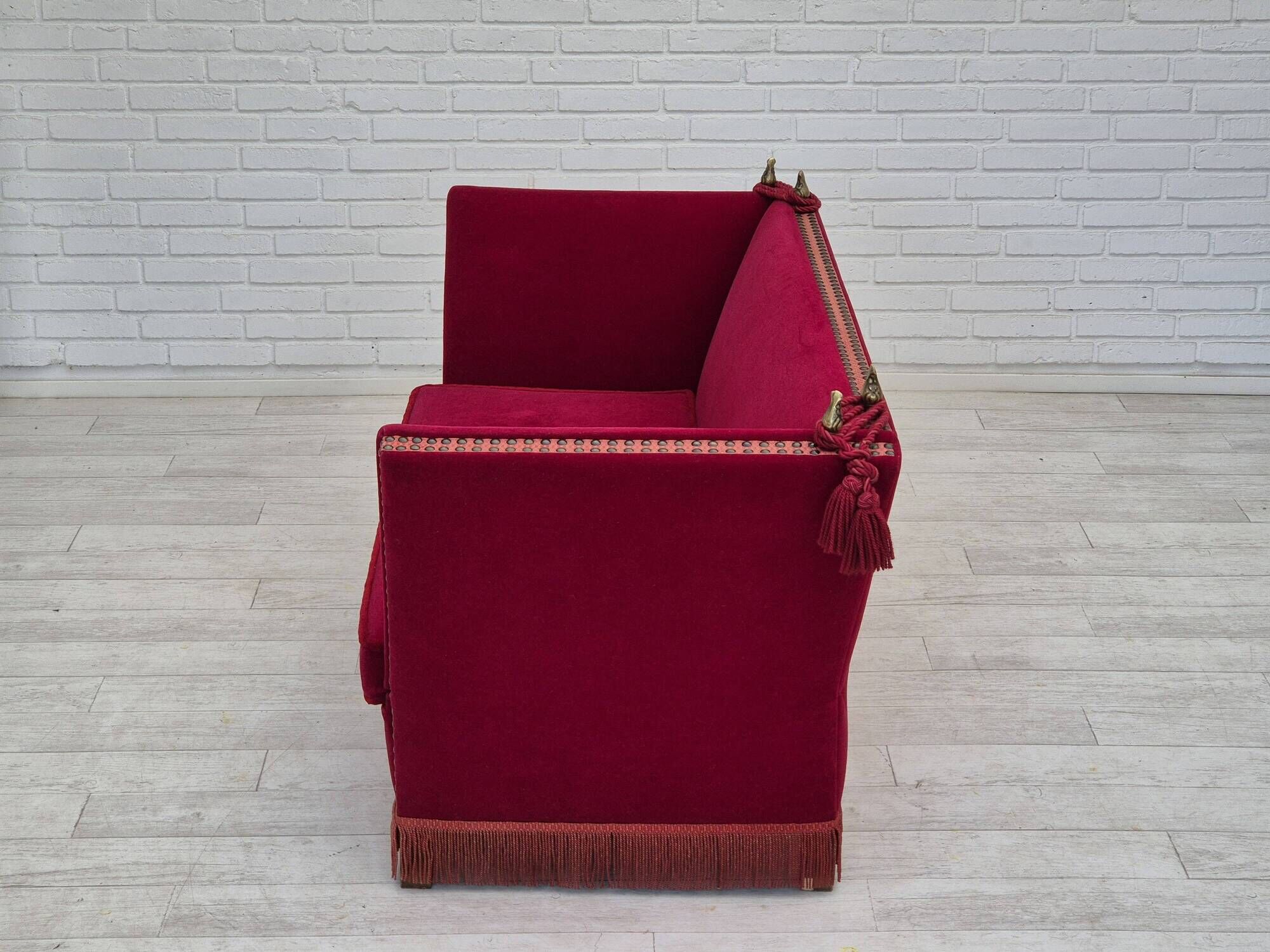 1970s, Danish drop arm "Spanish" sofa, original condition, cherry red furniture velour.