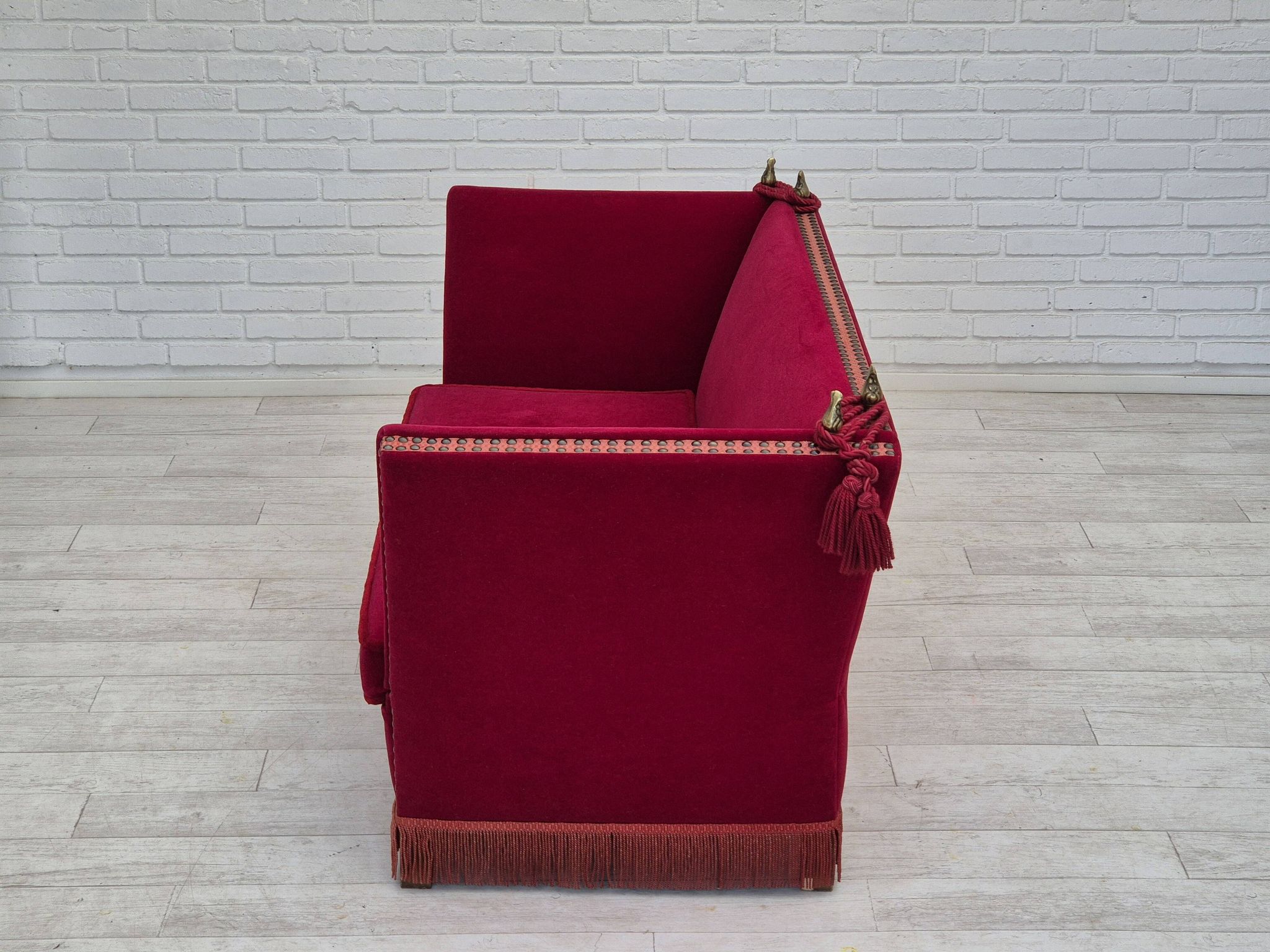 1970s, Danish drop arm "Spanish" sofa, original condition, cherry red furniture velour.