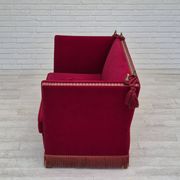 1970s, Danish drop arm "Spanish" sofa, original condition, cherry red furniture velour.