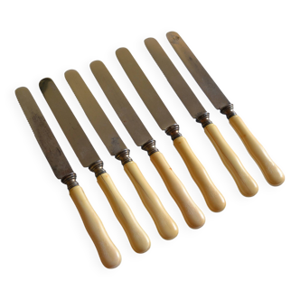 7 old table knives from the 19th century, monogrammed ivory-colored handles