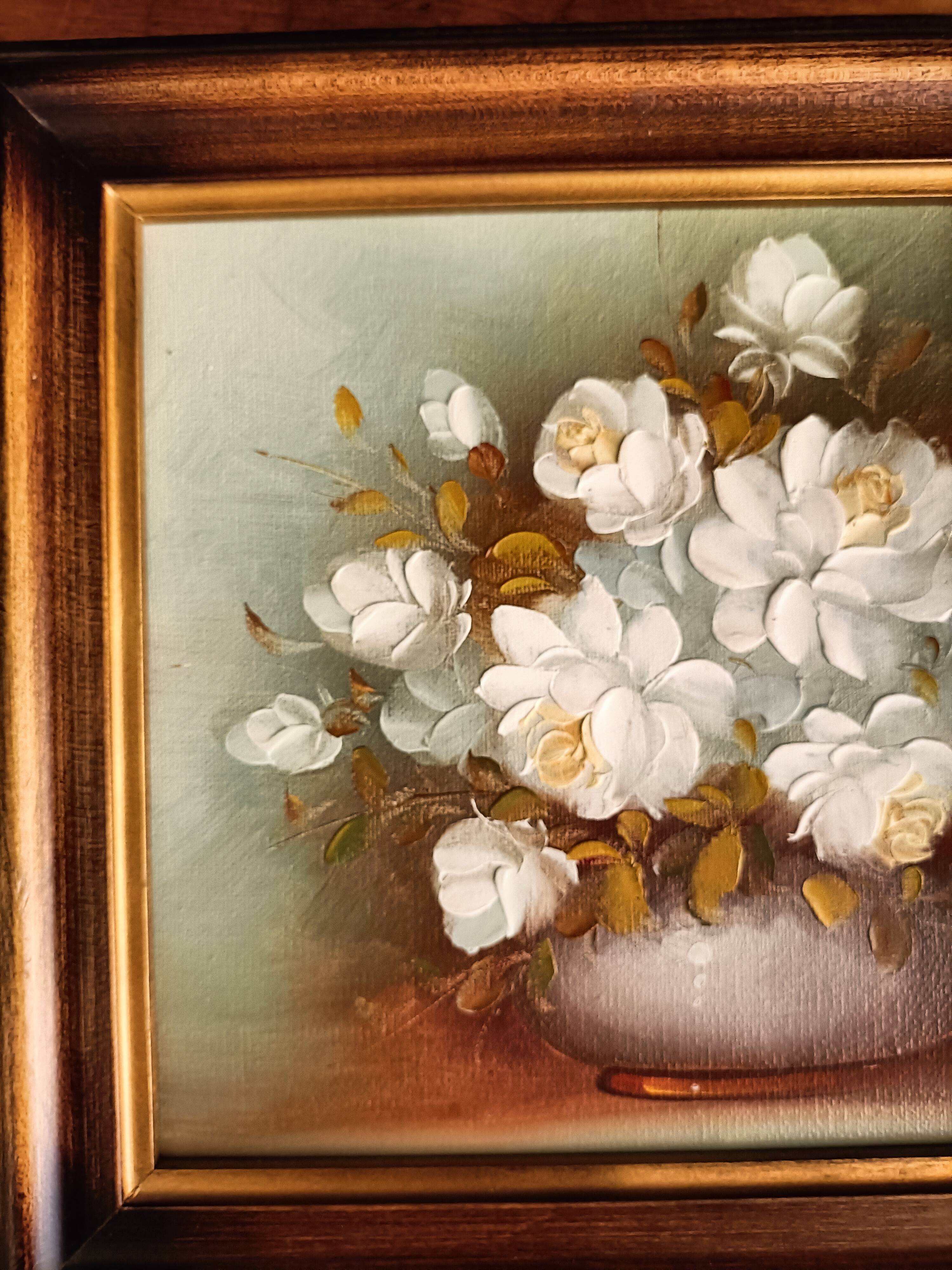 Still life painting with flowers, artist's signature