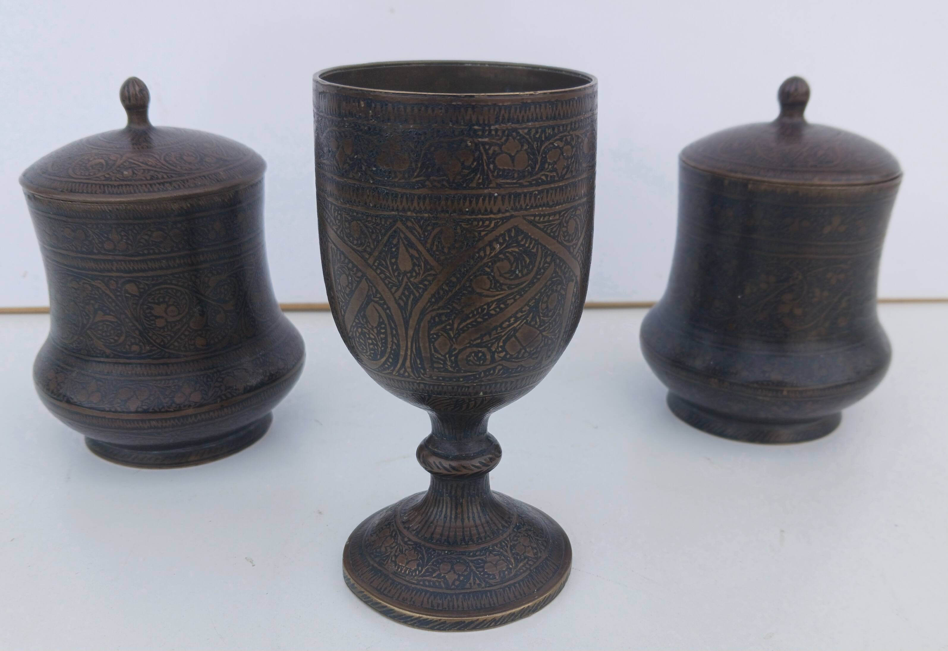Bronze damasked covered pots Kadjar Afghanistan Persian Islamic art