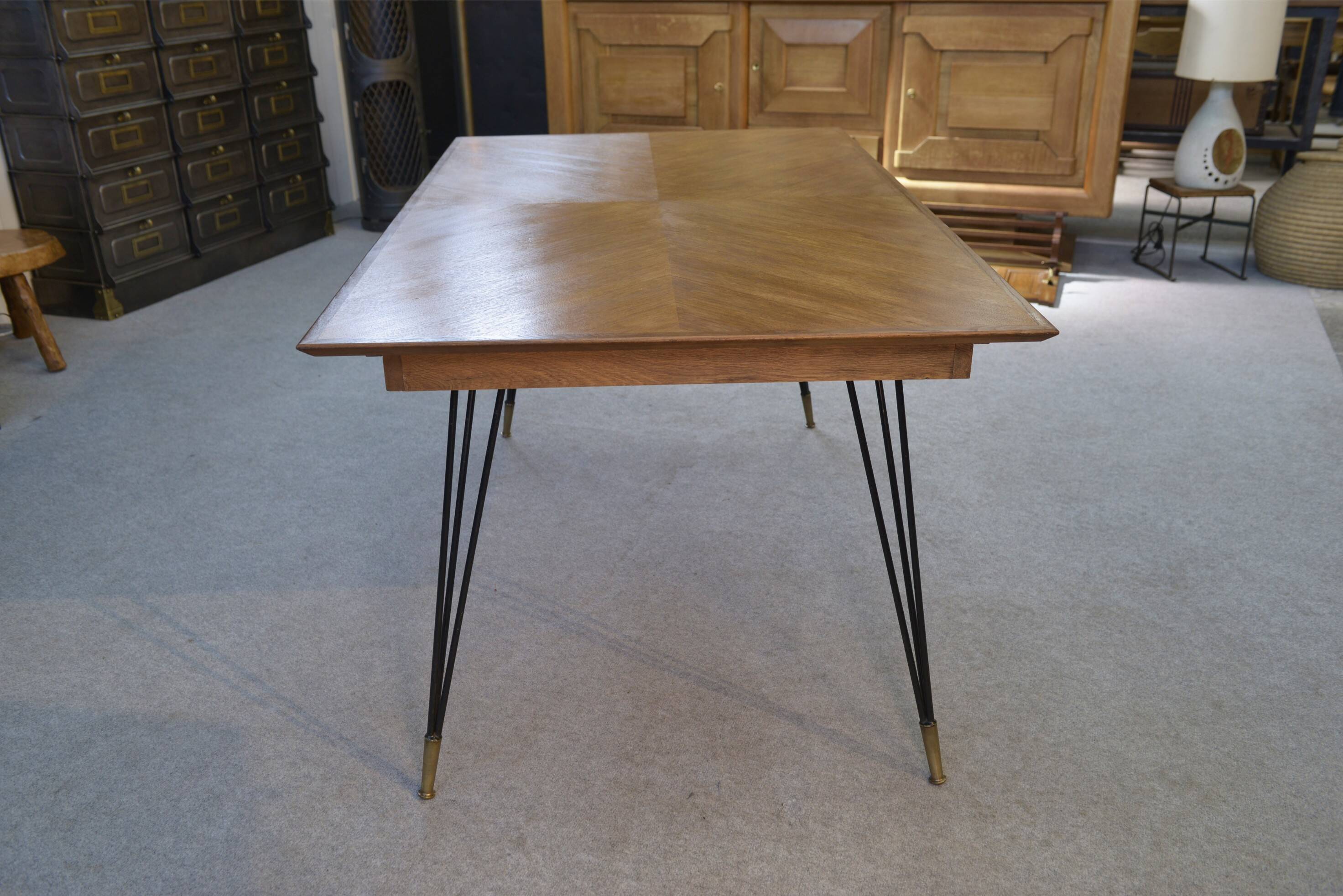 Oak table with cast iron and bronze legs, Italian design, 1960s