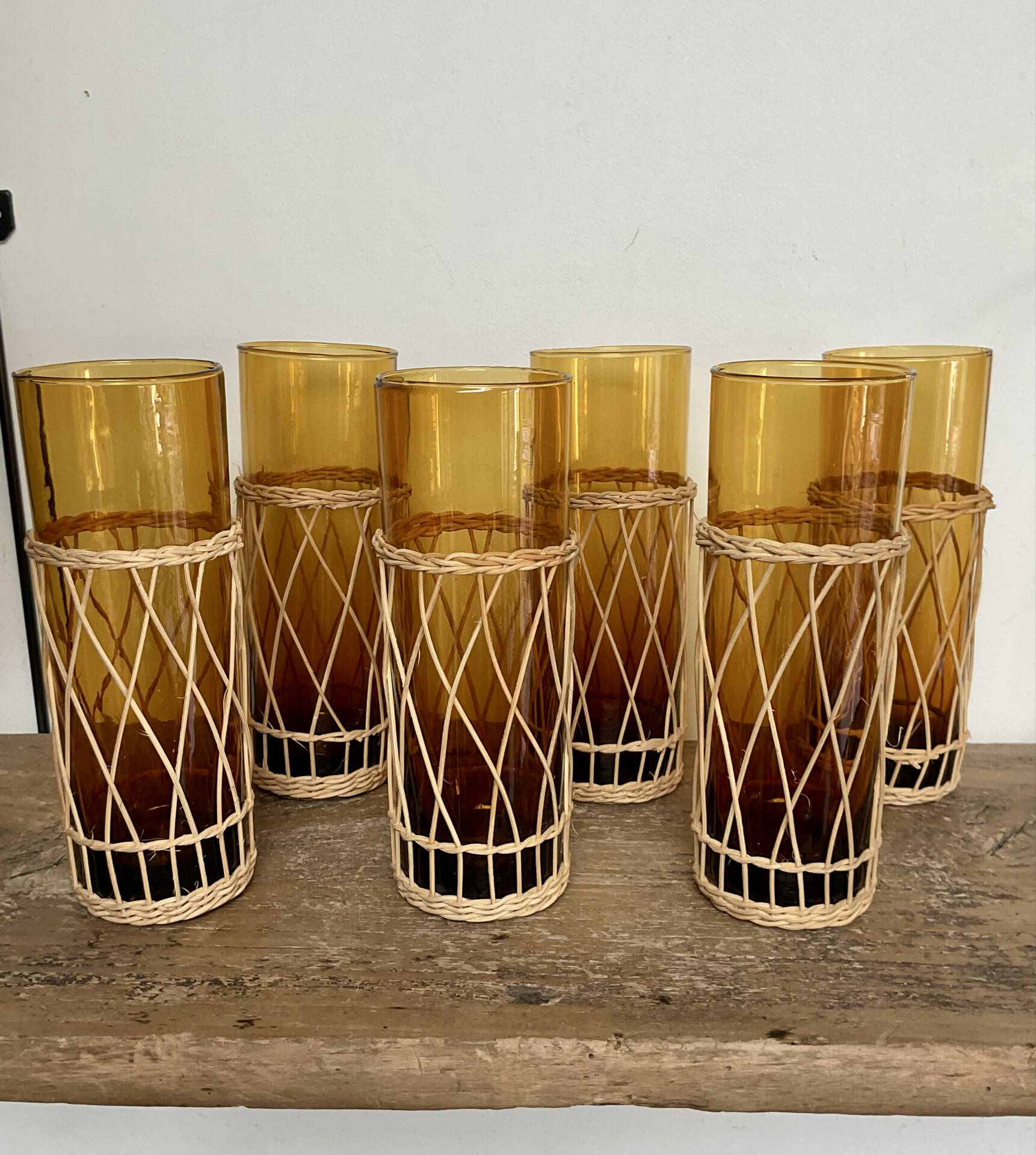 6 amber long drink glasses with wicker