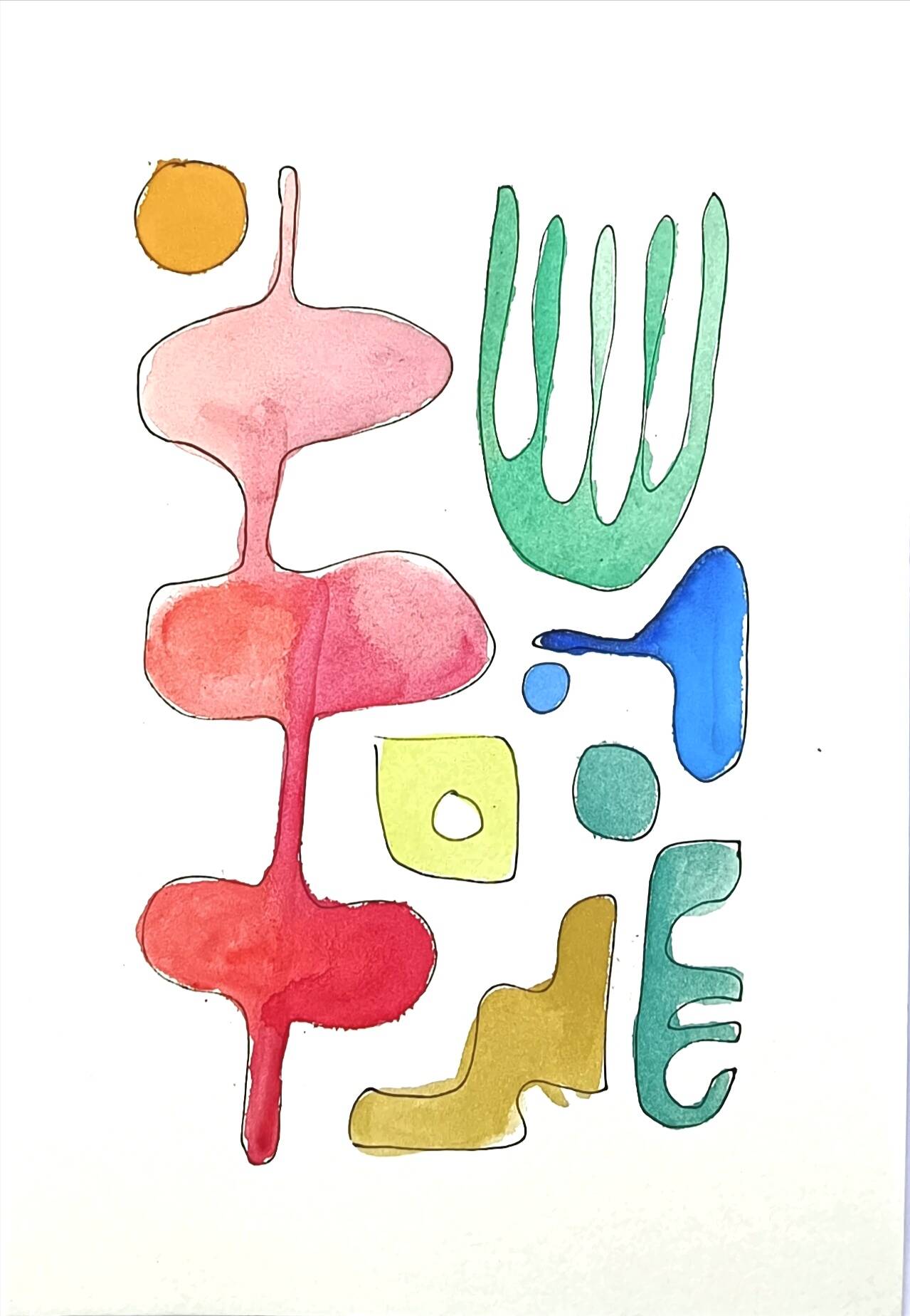 Original abstract painting – coloured organic shapes – 24 x 34 cm