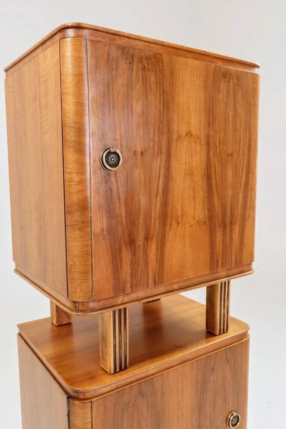 Pair of antique Art Deco bedside tables, walnut veneer, refurbished