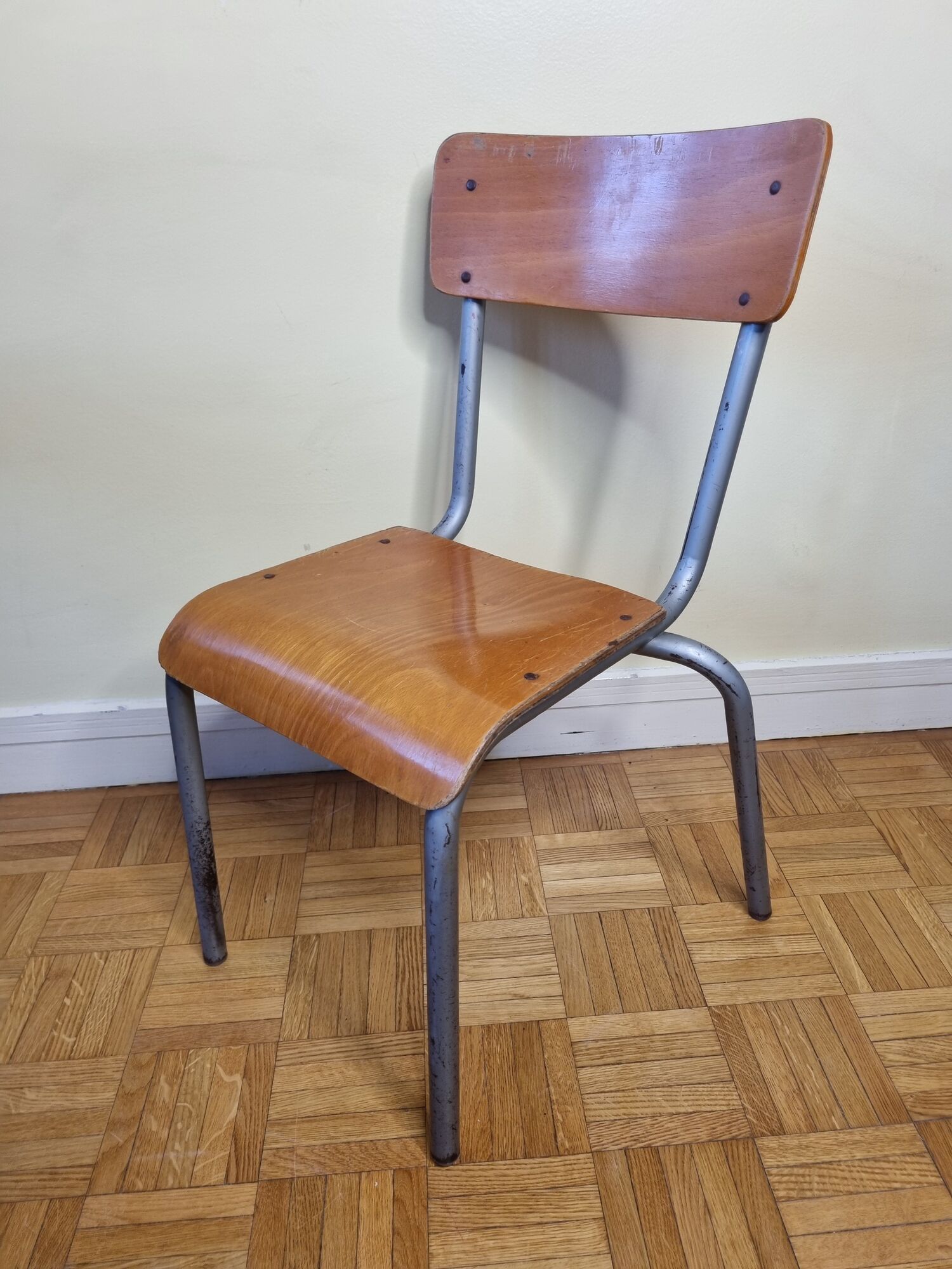 Set chair and school desk in steel, wood and formica, 50s-60s